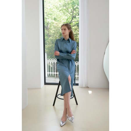 TWO-BUTTON SILKY LONG SHIRT DRESS_BLUE du meilleur 