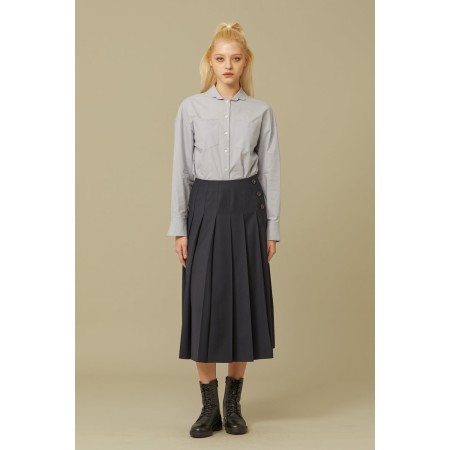 PLEATS BUTTON MIDI SKIRT_NAVY online