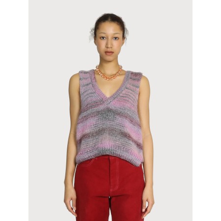 METALIC STRIPE HAND KNITTED V-NECK GRANNY VEST_PINK le concept de la Pate a emporter 