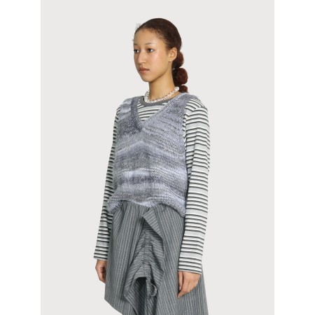 METALIC STRIPE HAND KNITTED V-NECK GRANNY VEST_GRAY la livraison gratuite